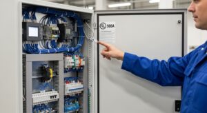 Electrician in blue uniform points to a label inside an organized electrical panel in Vancouver, WA.