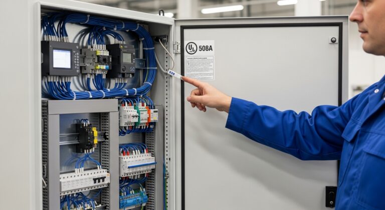 Electrician in blue uniform points to a label inside an organized electrical panel in Vancouver, WA.